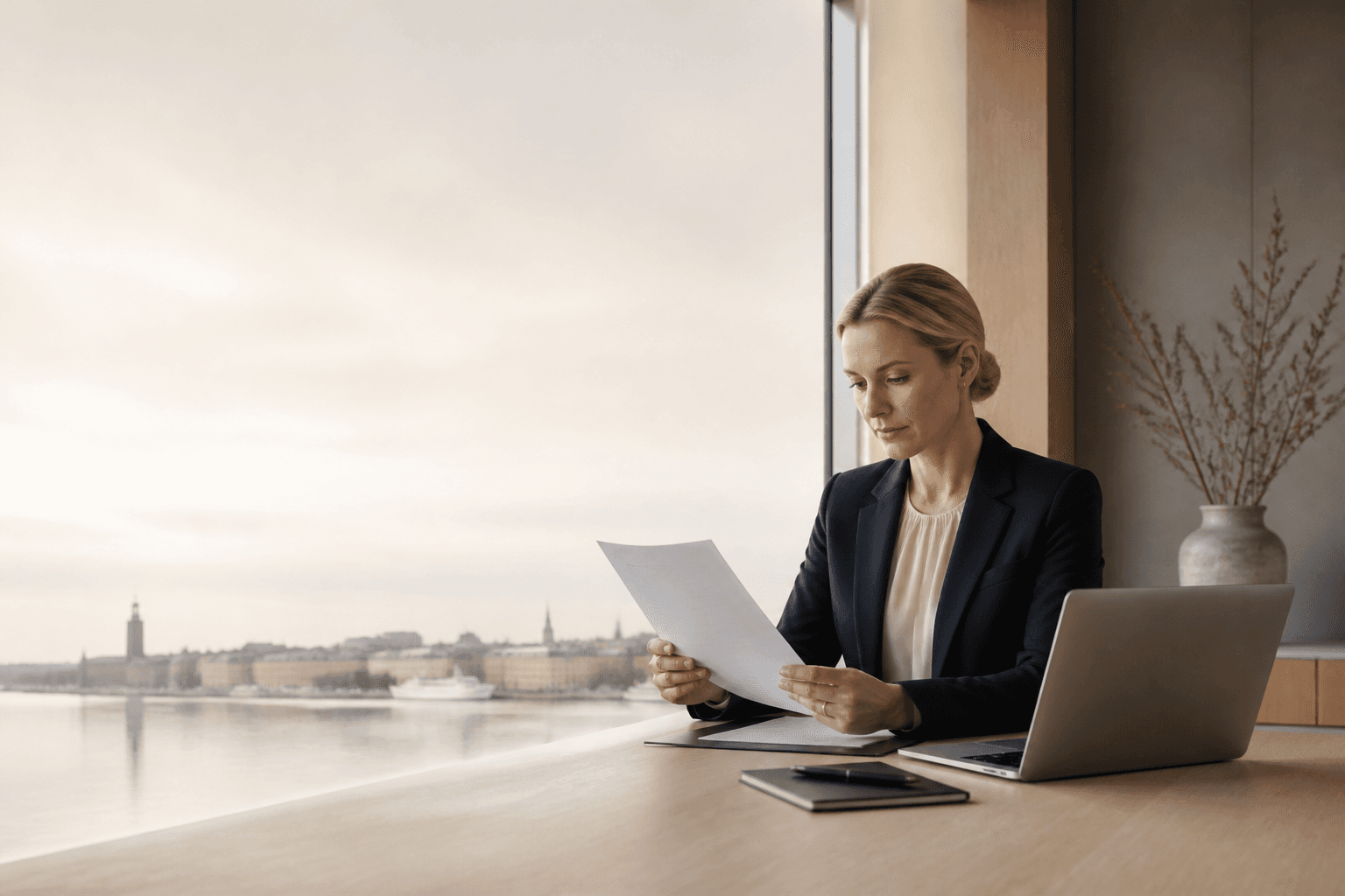 Legal professional reviewing a contract in a Stockholm office